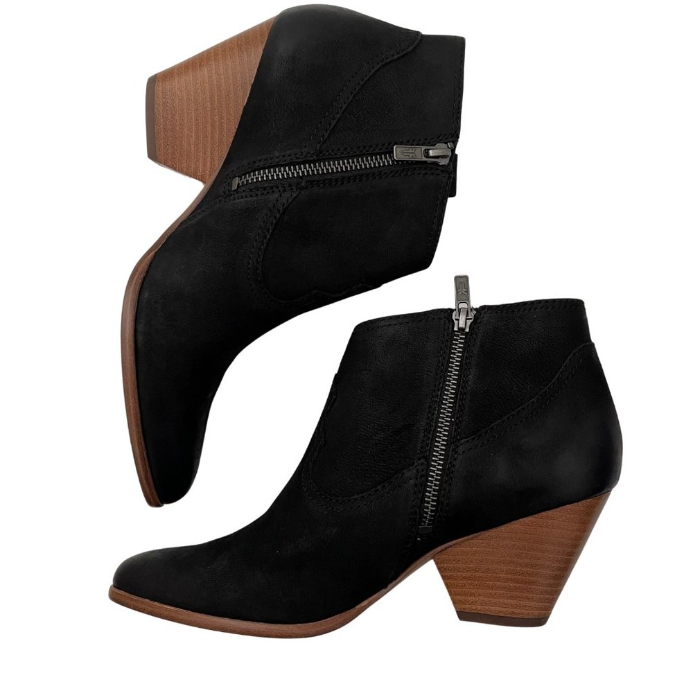 FRYE Reina Black Suede Zip Up Stacked Heel Pointed Toe Western Booties NWOB 9.5